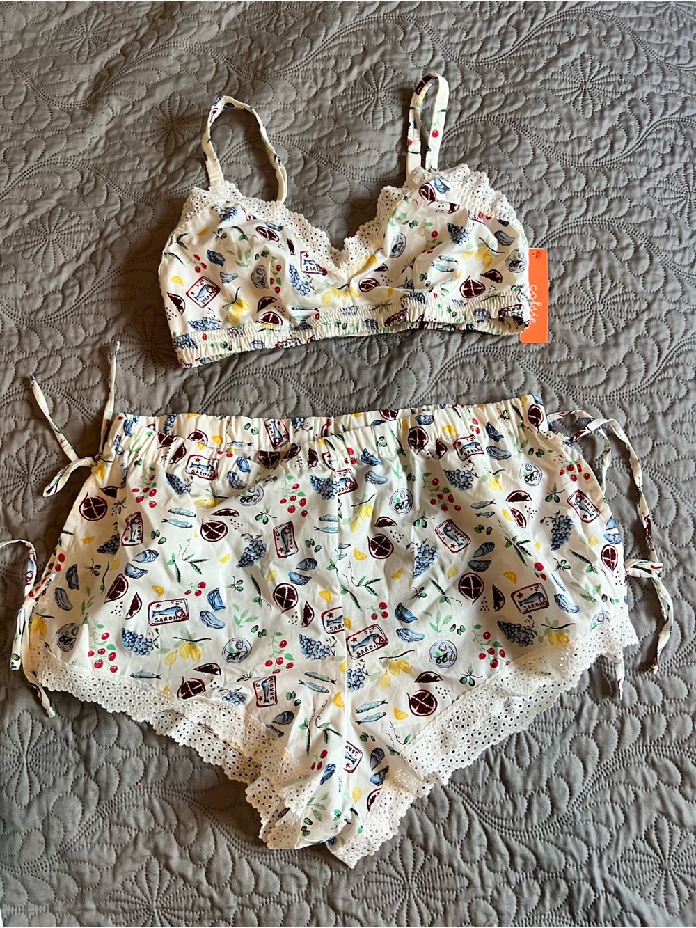 Colsie Floral & Fruit Print Cream Lace-Trim Bralette and Shorts Sleep Set